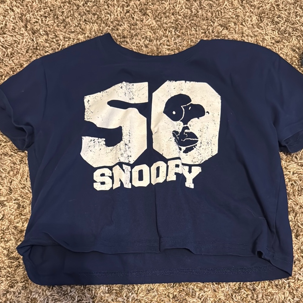 Blue and White Short Sleeve Tee with Snoopy Graphic